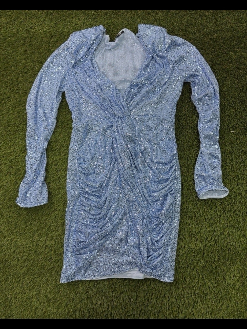 Fashion Nova Light Blue Sequin Long-Sleeve Mini Dress